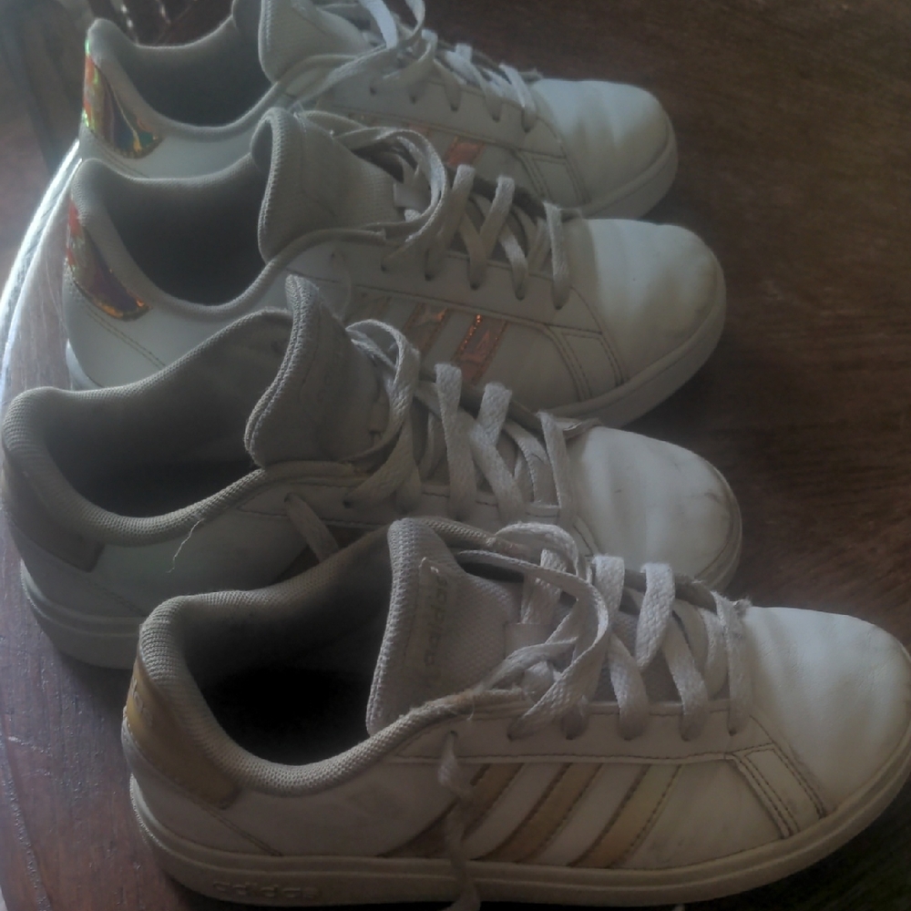 Adidas Big Kids White Sneakers with Colorful Stripes, 2 Pair Sz 3 & 4 - Picture 3 of 7